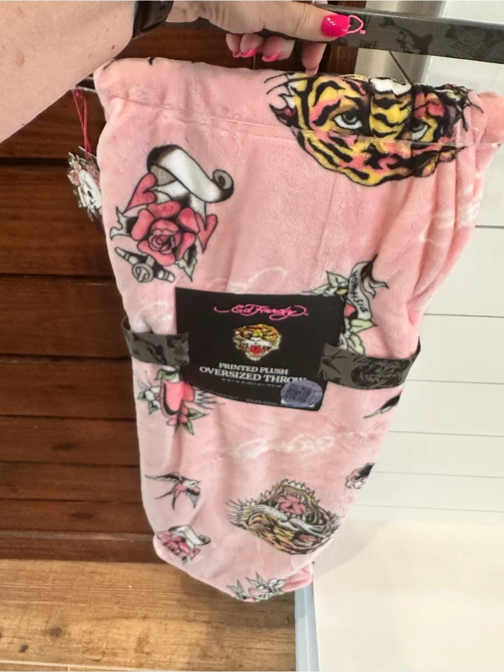 Ed Hardy Pink and Black Printed Plush Oversized Throw
